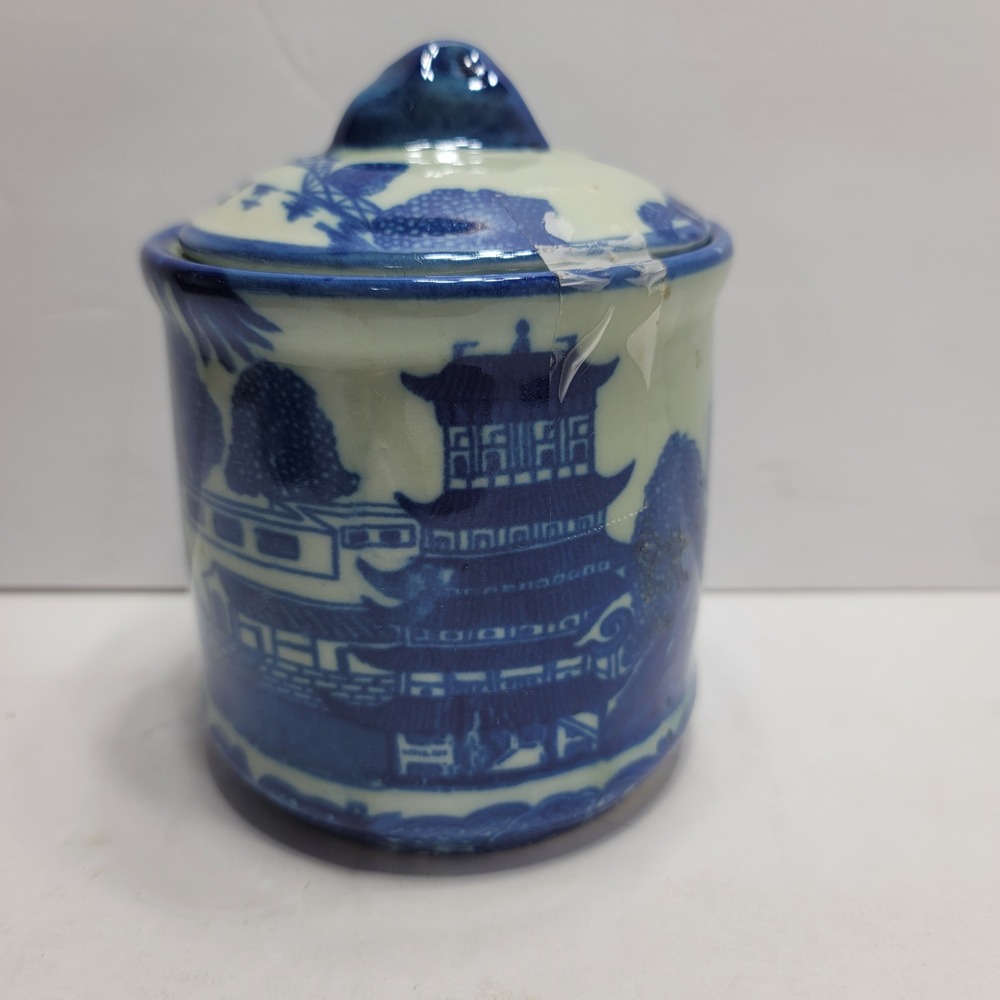 Vintage Blue Willow Ironstone Lidded Jar Chinoiserie Blue and White Canister